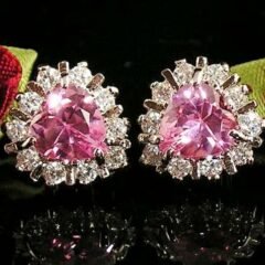 Romantiska vittguldpläterad hjärta örhängen med stor rosa hjärta cubic zirconia
