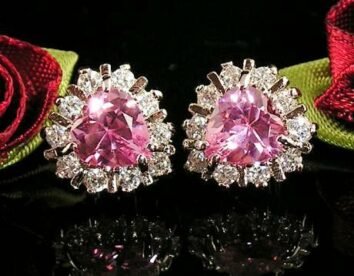 Romantiska vittguldpläterad hjärta örhängen med stor rosa hjärta cubic zirconia