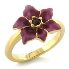 Söt guldpläterad blomma ring med glittrande lila cubic zirconia