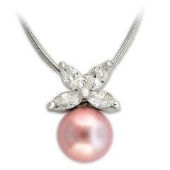 Söt vitguldpläterad hänge med en pärla och cubic zirkonia i form av en blomma